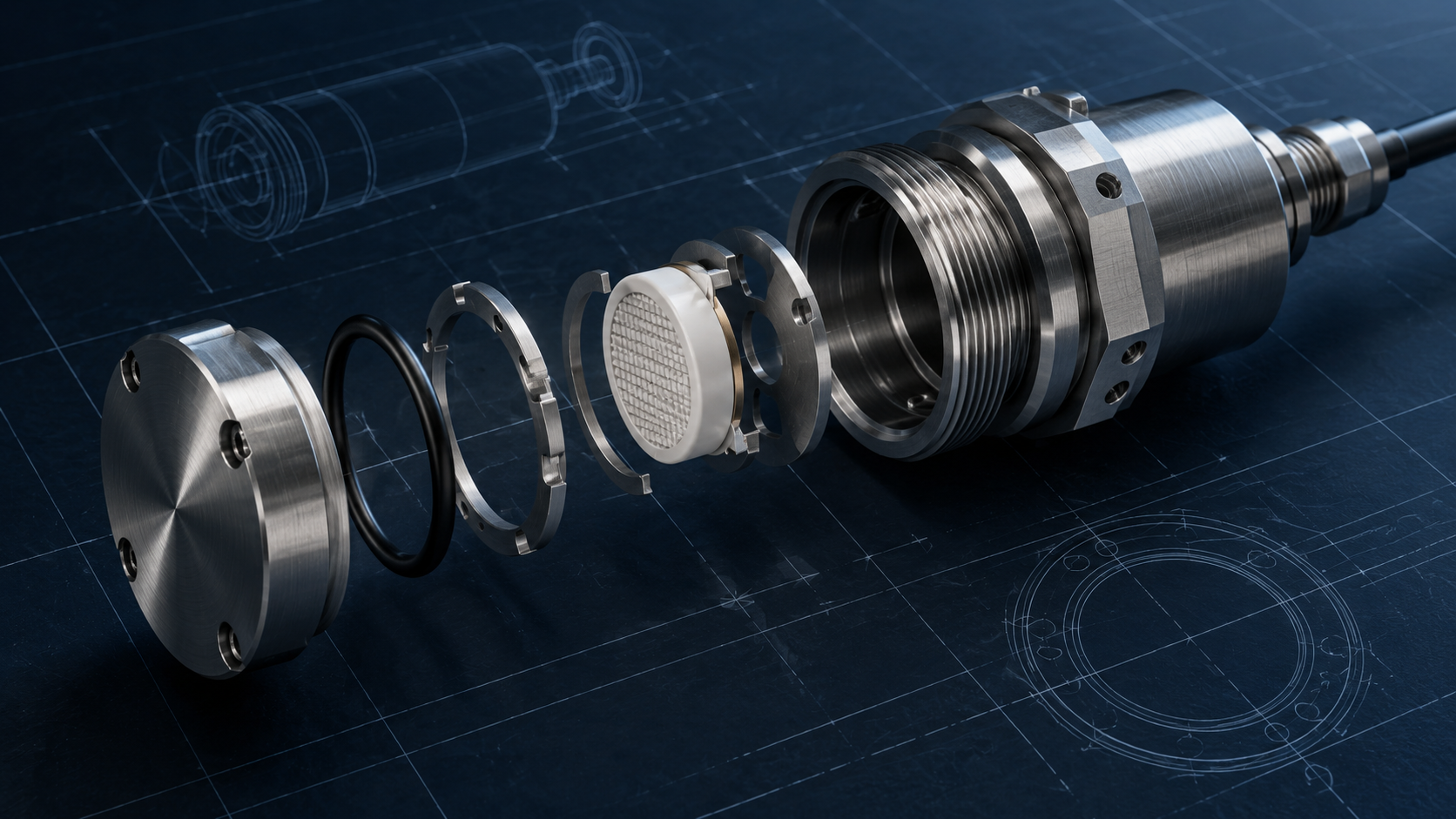 Conceptual exploded precision sensing assembly, illustrating components developed as one system