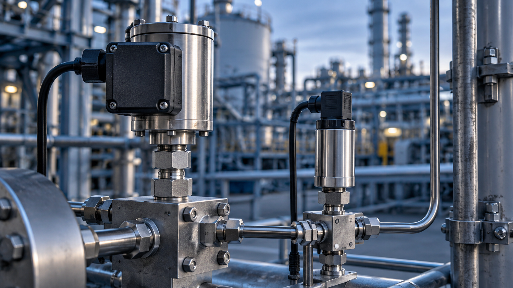 Illustration of industrial pressure instrumentation on a process manifold