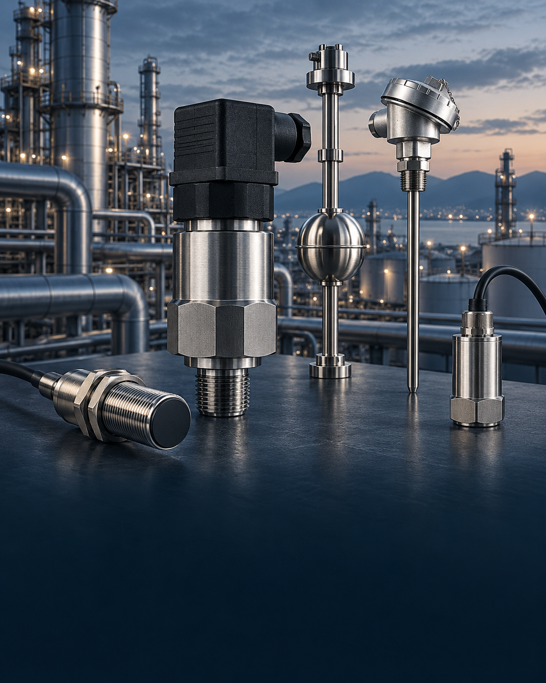 Creative illustration combining pressure switches, proximity, level, temperature and vibration sensing in an industrial setting