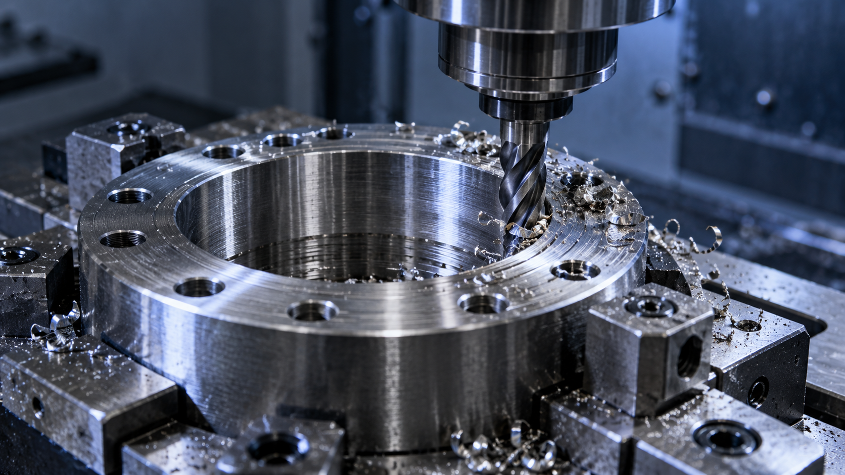 Conceptual close-up of a machining tool forming a precision metal component